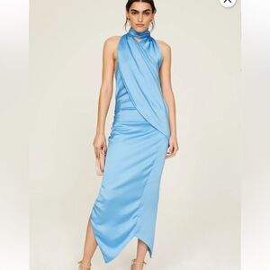 ARIAS  New York Blue Satin Asymmetrical Draped Midi Cocktail Dress | Size 4